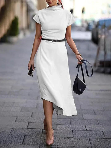 MQTIME  -  Solid Color Elegant Dress for Women High Neck Short Sleeves Midi Party Dresses Asymmetric Pleated Commuter Dress